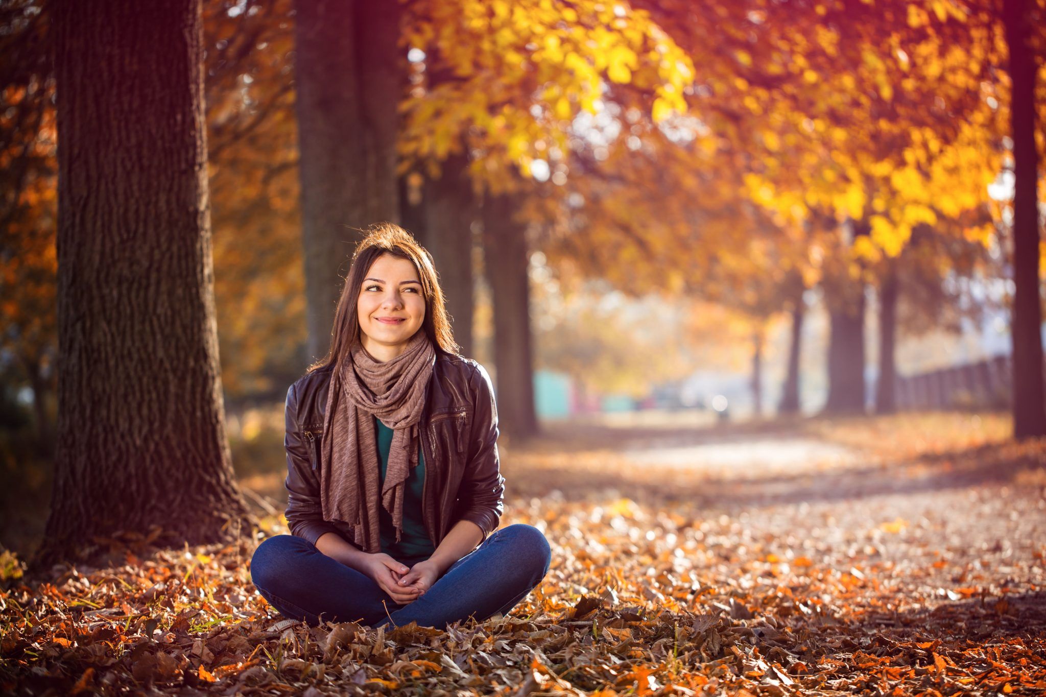 girl sitting park autumn