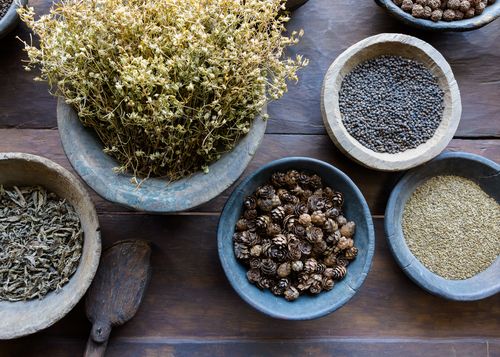 Herbs and spices in bowls